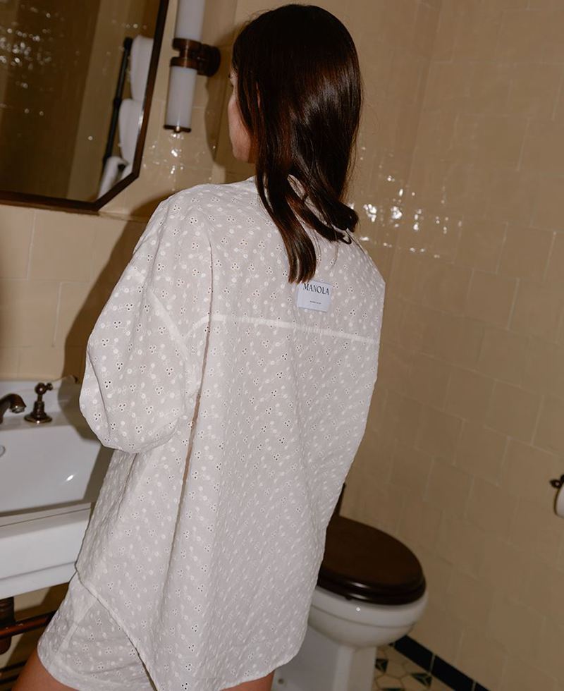 White Alohas Embroidered Cotton Pajama Long Sleeve Shirt Women's Sportswear | EBOQU8930