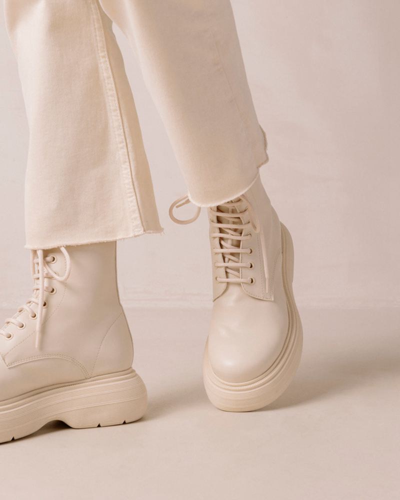 White Alohas Gouache Vegan Leather Women's Combat Boots | JMFWC0168