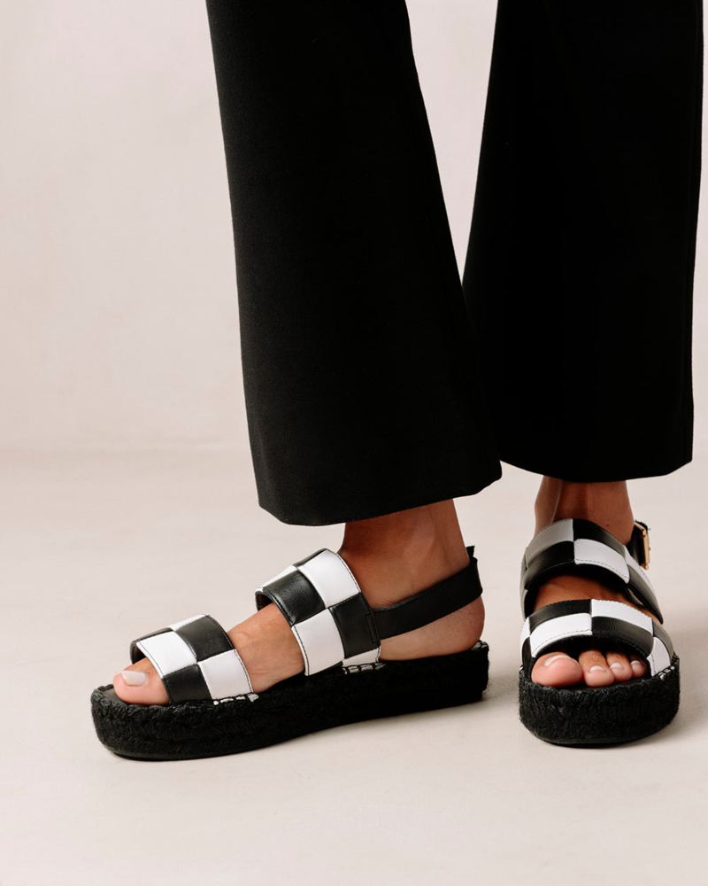 White/Black Alohas Double Strap Leather Women's Espadrilles | MKAIG3947