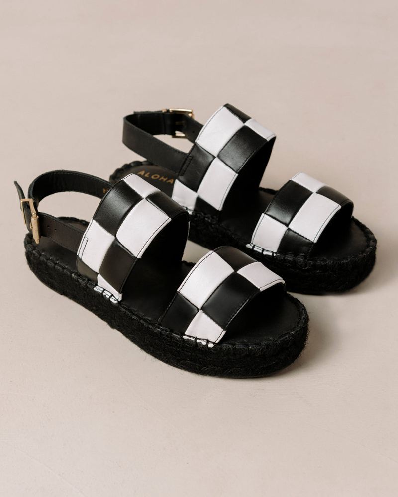 White/Black Alohas Double Strap Leather Women's Espadrilles | MKAIG3947