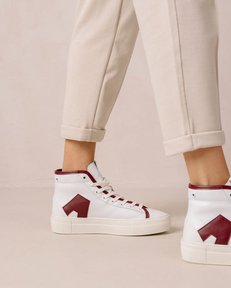 White/Burgundy Alohas Tb.35 Leather Women's Sneakers | TEPVJ0452