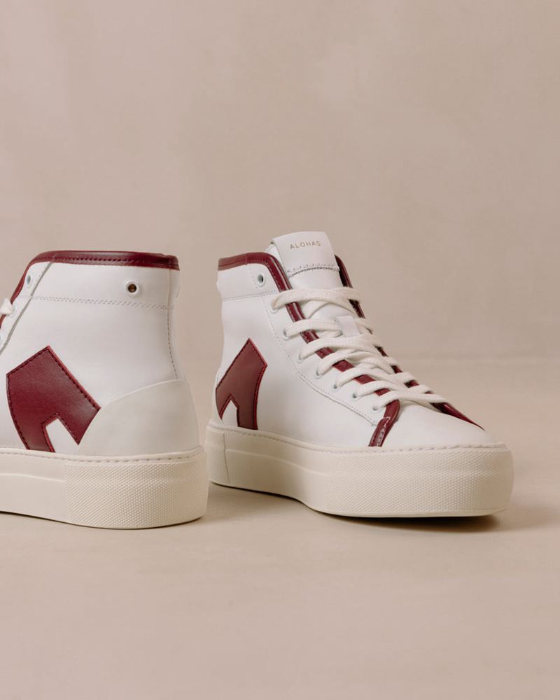 White/Burgundy Alohas Tb.35 Leather Women's Sneakers | TEPVJ0452