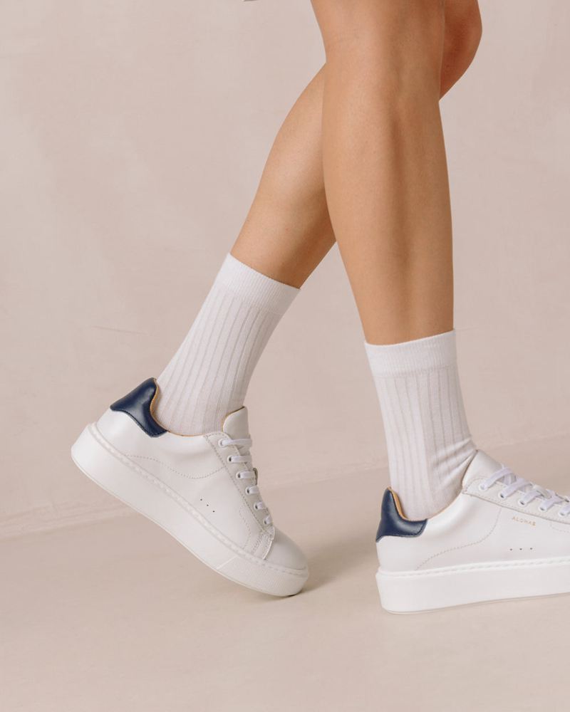 White/Navy Alohas Tb.65 Leather Women's Sneakers | ERJYI8026