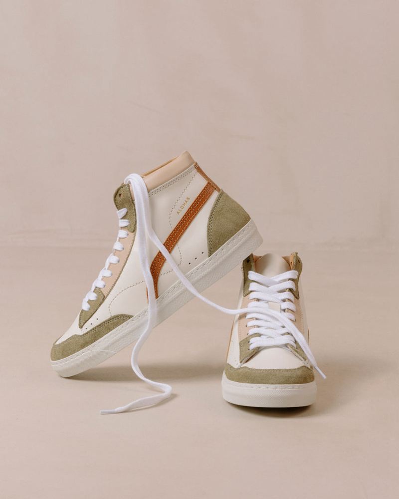 White/Olive Alohas Tb.73 Leather Women's Sneakers | RWSTZ2374